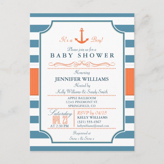 Nautical Blue und Orange Anchor Baby Dusche Einladungspostkarte (Vorderseite)