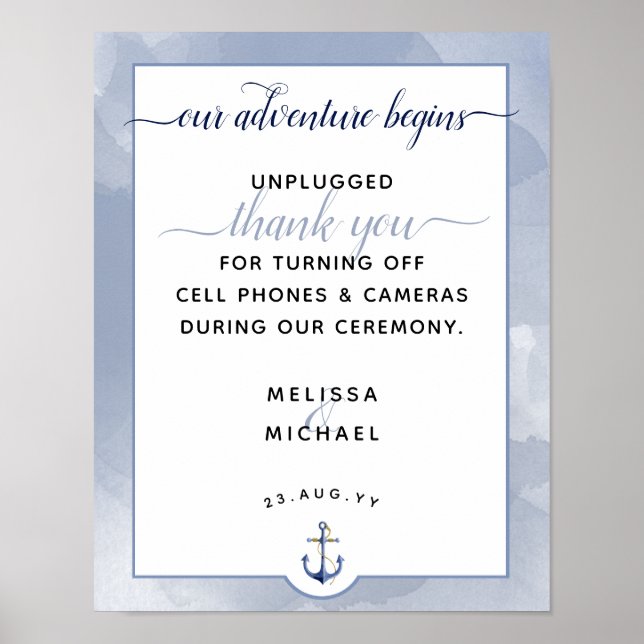 #Nautical Blue Watercolor #Unplugged Wedding Sign Poster (Vorne)