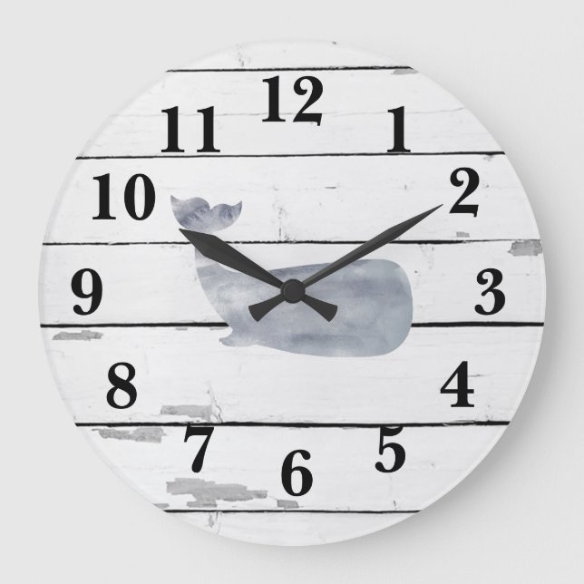 Nautical Blue Whale Shiplap Rustisches Dekor Große Wanduhr (Vorderseite)