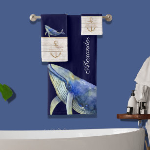 Nautical Blue Whale Watercolor Name Weißes Holz Badhandtuch Set