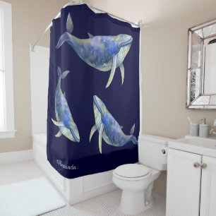 Nautical Blue Whale Watercolor Name Weißes Holz Duschvorhang