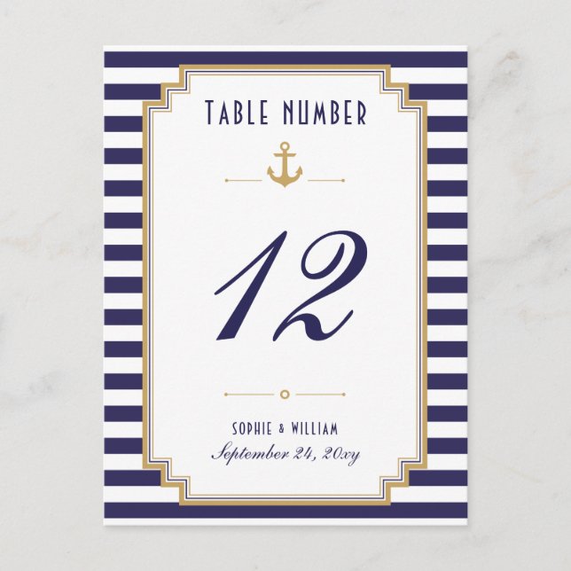 Nautical Blue White Strip Tischnummer Card (Vorderseite)