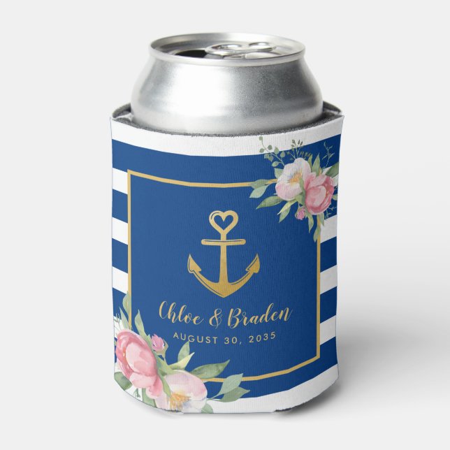 Nautical Blue White Stripe Anchor Heart Wedding Dosenkühler (Kanne Vorderseite)