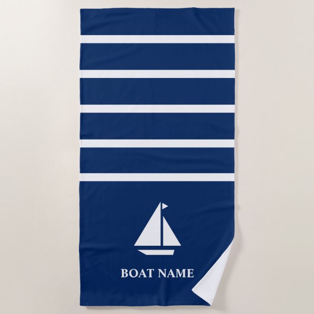 Nautical Boat Add Name Navy Blue Striping Strandtuch (Vorderseite)
