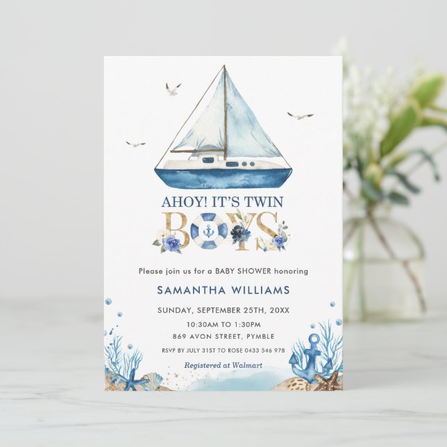 Nautical Boat Ahoy Es ist Twin Boys Baby Dusche  Einladung (Stehend Vorderseite)