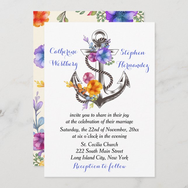 Nautical Boat Anchor Blues Hochzeit Einladung (Vorne/Hinten)