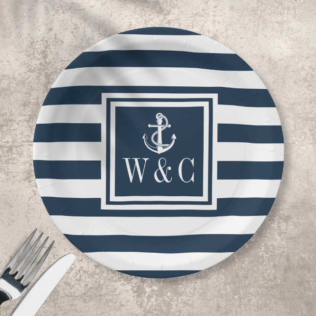 Nautical Boat Anchor Monogram Navy Blue Strip Pappteller (Von Creator hochgeladen)