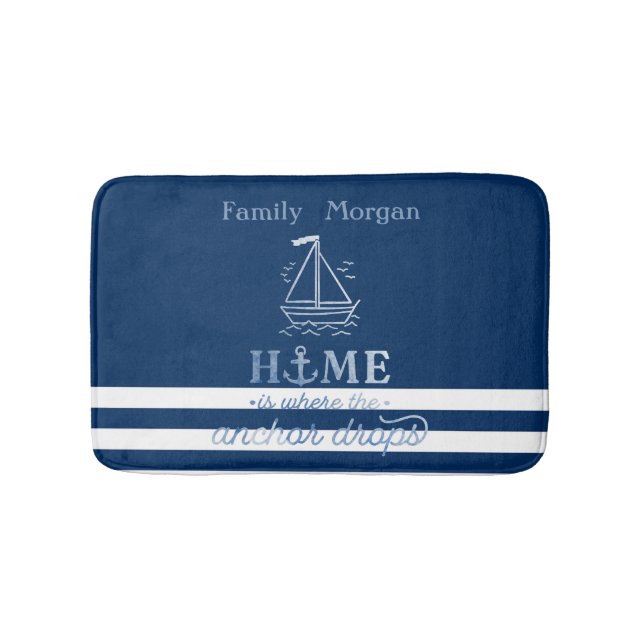 Nautical Boat Anchor Navy Blau Streifen Badematte (Vorderseite)