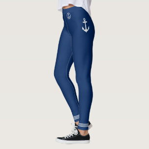 Nautical Boat Anchor White Strips Navy Blue Leggings