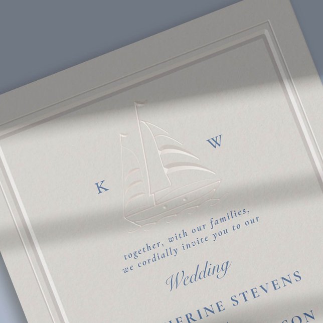 Nautical Boat Imitate mit moderner klassischer Hoc Einladung (nautical beach boat yacht coastal ocean wedding invitation faux embossed frame ecru navy detail)