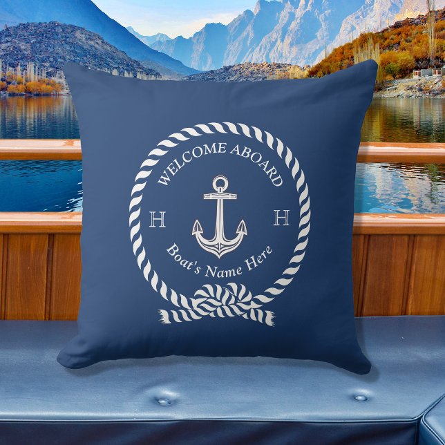 Nautical Boat Name Anchor Rope Navy Blue Welcome  Kissen (Von Creator hochgeladen)