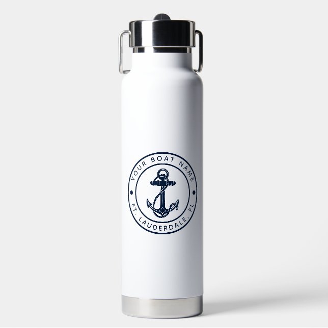Nautical Boat Name Navy Blue Anchor Boating Custom Trinkflasche (Vorderseite)