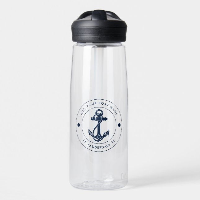 Nautical Boat Name Navy Blue Anchor Custom Trinkflasche (Vorne)
