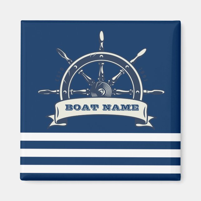 Nautical Boat Wheel, Navy Blue Streifen Magnet (Vorne)