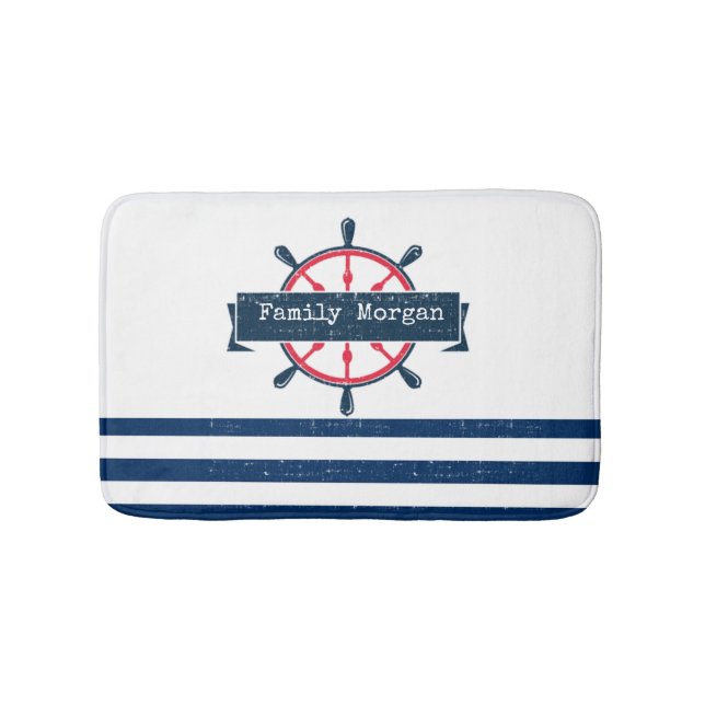 Nautical Boat Wheel, Navy Blue Striping Badematte (Vorderseite)