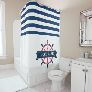 Nautical Boat Wheel, Navy Blue Striping Duschvorhang
