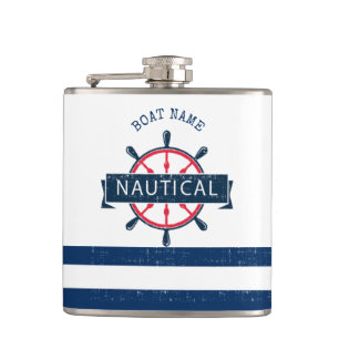 Nautical Boat Wheel, Navy Blue Striping Flachmann