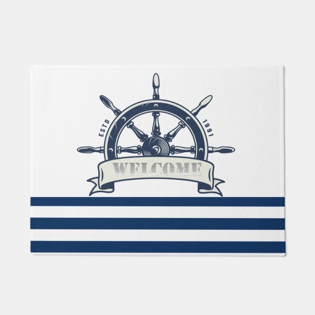 Nautical Boat Wheel, Navy Blue White Stripes Fußmatte (Vorderseite)