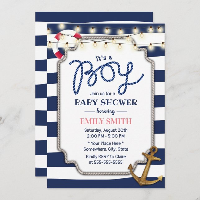 Nautical Boy Baby Dusche Gold Anker Navy Streifen Einladung (Vorne/Hinten)