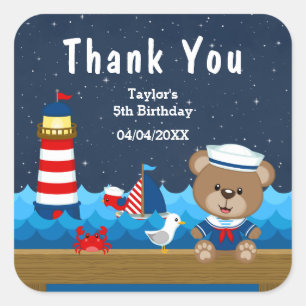 Nautical Boy Bear Red Geburtstagsparty Danke Quadratischer Aufkleber