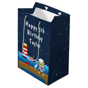 Nautical Boy Monkey Red and Navy Happy Birthday Mittlere Geschenktüte