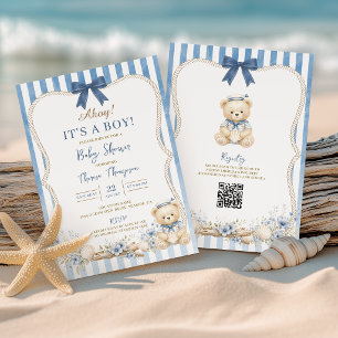 Nautical Boy Sailor Bear QR Babyparty Einladung