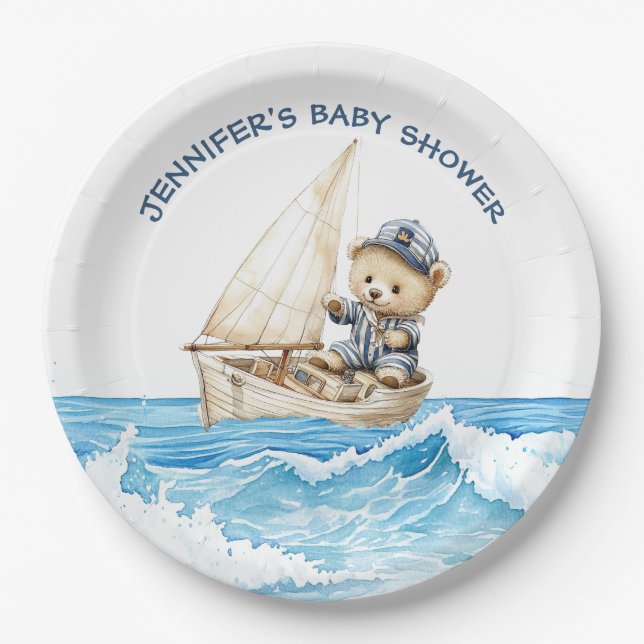 Nautical Boy Sailor Teddy Bears Baby Dusche Pappteller (Vorderseite)