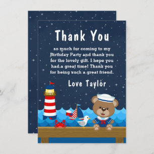 Nautical Boys Bear Red and Navy Birthday Party Dankeskarte
