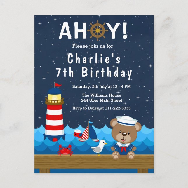 Nautical Boys Bear Red and Navy Birthday Party Postkarte (Vorderseite)