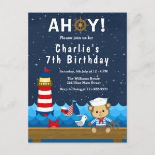 Nautical Boys Monkey Red and Navy Birthday Party Postkarte