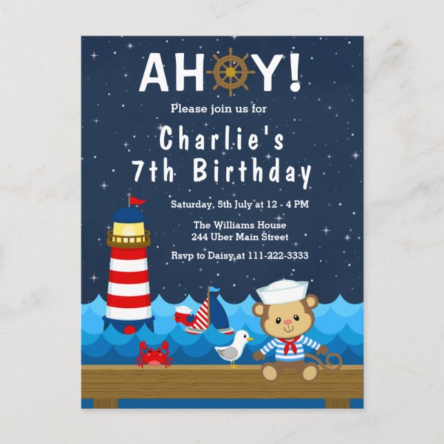 Nautical Boys Monkey Red and Navy Birthday Party Postkarte (Vorderseite)
