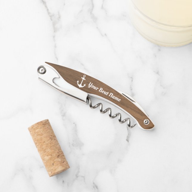 Nautical Brown Wood Gran Personalisiert Boat Name Kellnermesser (Vorderseite)