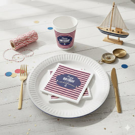 Nautical Captain Hat Birthday Navy & Red Stripes K Serviette