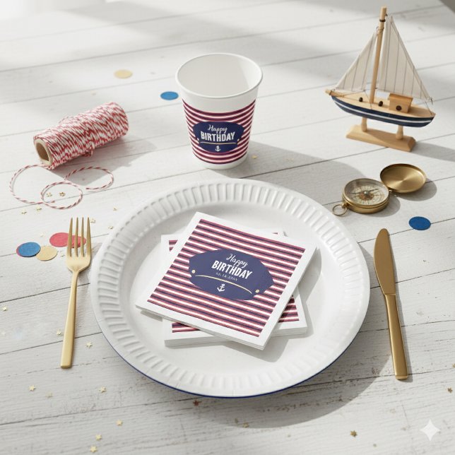 Nautical Captain Hat Birthday Navy & Red Stripes K Serviette (Von Creator hochgeladen)