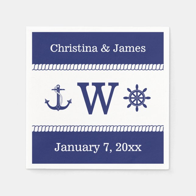 Nautical Captains Wheel Anchor Add Names Monogram Serviette (Vorderseite)