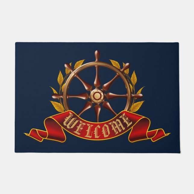 Nautical Captain's Wheel Navy Blue Willkommen Door Fußmatte (Vorderseite)