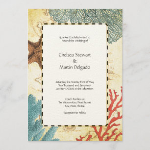 Nautical Caribbean Starfish Rustic Map and Coral Einladung