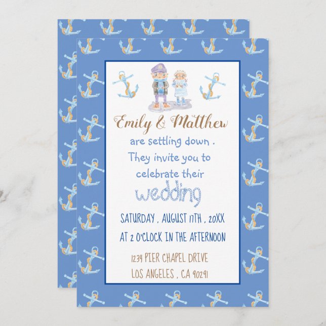 Nautical Cartoon Blue White and Gold Wedding Einladung (Vorne/Hinten)