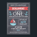 Nautical Chalkboard 1. Geburtstag Einladung<br><div class="desc">Die Einladung zum nautischen Geburtstag dieses Jungen mit einem Segelboot und zwei Ankern auf einem gescannten Chalkboard-Hintergrund. Das Design umfasst auch eine weiße Linie und Trennflächen. Das Foto Ihres kleinen Jungen erscheint auf der rechten Seite der Einladung innerhalb einer Kreidewand. Diese Einladung wird durch den beliebten Chalkboard-Stil und die Schablonenkunst...</div>