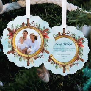 Nautical Christmas Ship Wheel Foto Ornament Karte