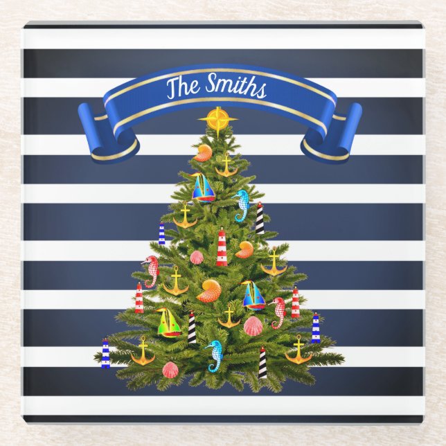 Nautical Christmas Tree Custom Glasuntersetzer (Vorderseite)