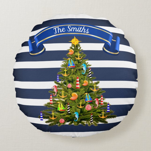 Nautical Christmas Tree Custom Rundes Kissen (Vorderseite)