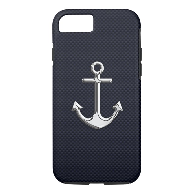 Nautical Chrome Anker auf Carbon Fibre Print Case-Mate iPhone Hülle (Rückseite)
