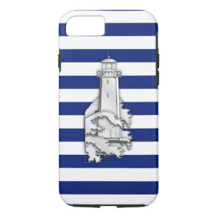 Nautical Chrome Leuchtturm auf Navy Stripes Print iPhone 8/7 Hülle