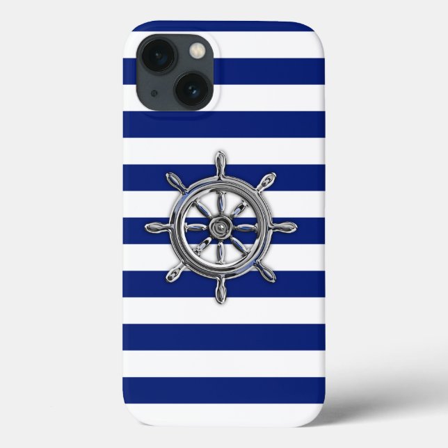 Nautical Chrome Wheel on Navy Stripes Print Case-Mate iPhone Hülle (Rückseite)