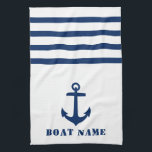Nautical Classic Anker Ihr Boot Name Blue Stripe Geschirrtuch<br><div class="desc">Custom Nautical Classic Anker mit Ihrem Personalisierten Bootsnamen in Navy Blau auf einem weiß und blau gestreiften Küchentuch.</div>