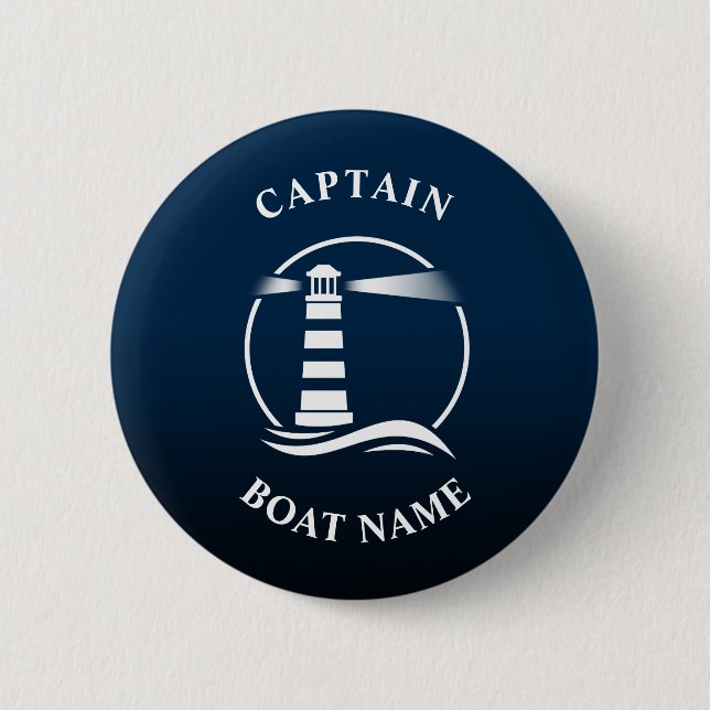 Nautical Classic Light Captain Boat Name Deep Blue Button (Vorderseite)