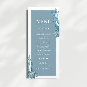 Nautical Coastal Blue Muschel Beach Theme Wedding Menükarte