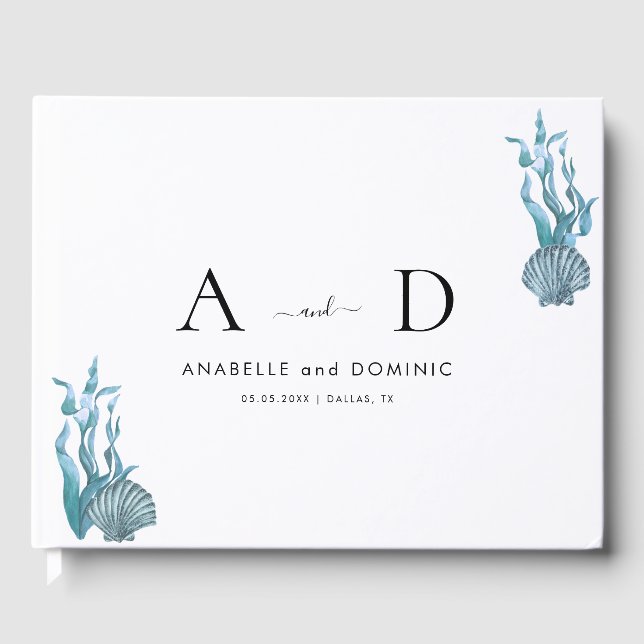 Nautical Coastal Blue Seashell Wedding Monogram Gästebuch (Vorderseite)