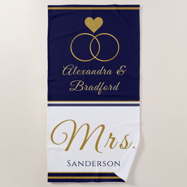 Nautical Coastal Couple Mrs. Wedding Marine blaues Strandtuch (Vorderseite)